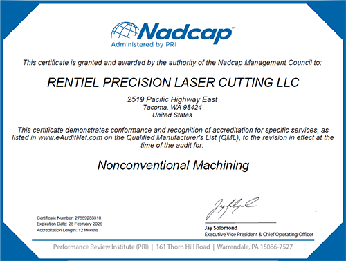 NADCAP Nonconventional Machining Certificate for repair